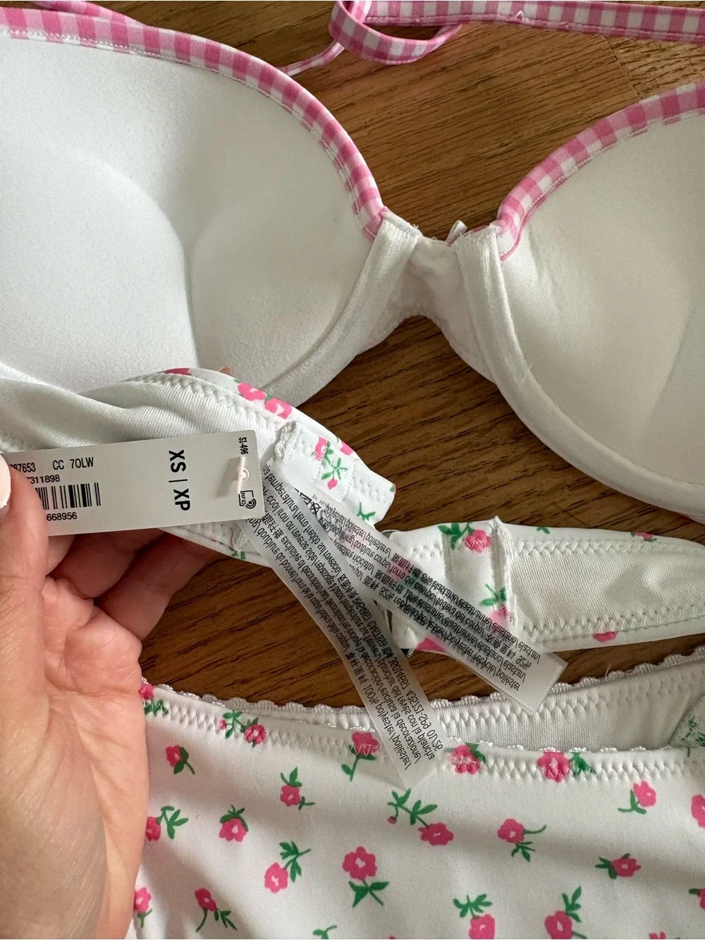 Frankie’s Bikinis White Bikini Set with Pink Floral accents